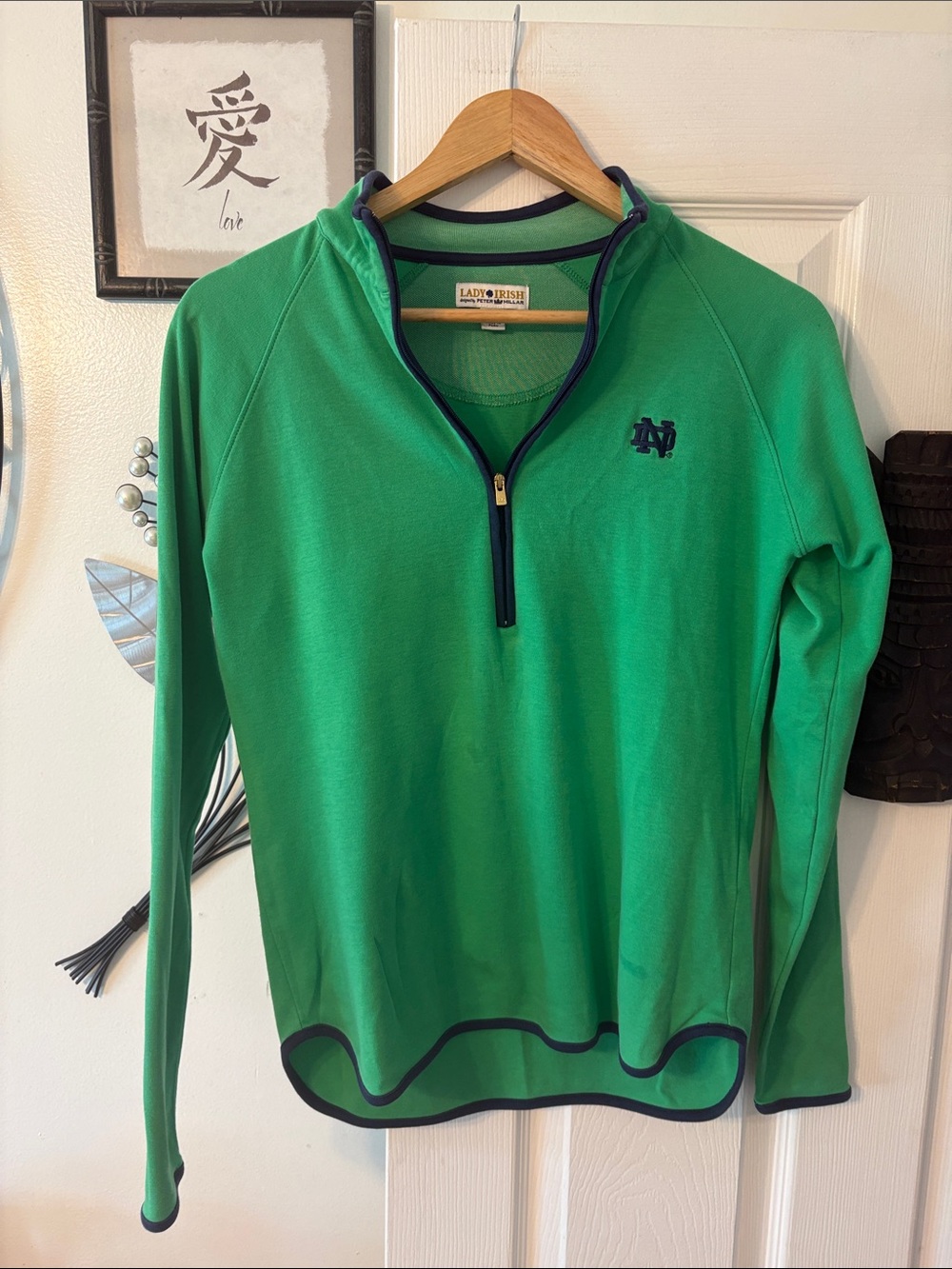 Peter Millar Green Quarter-Zip Long Sleeve Pullover with Navy Trim